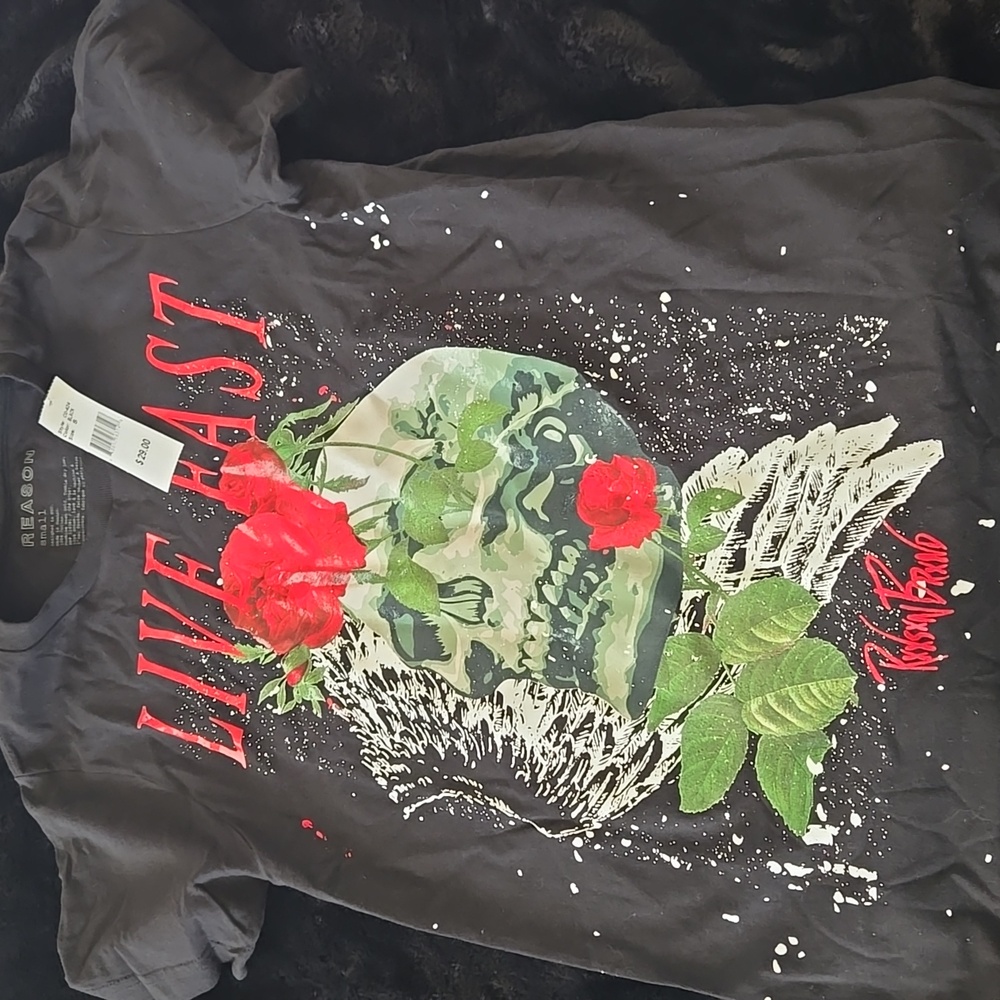 Reason Black Tee with Skull and Red Roses